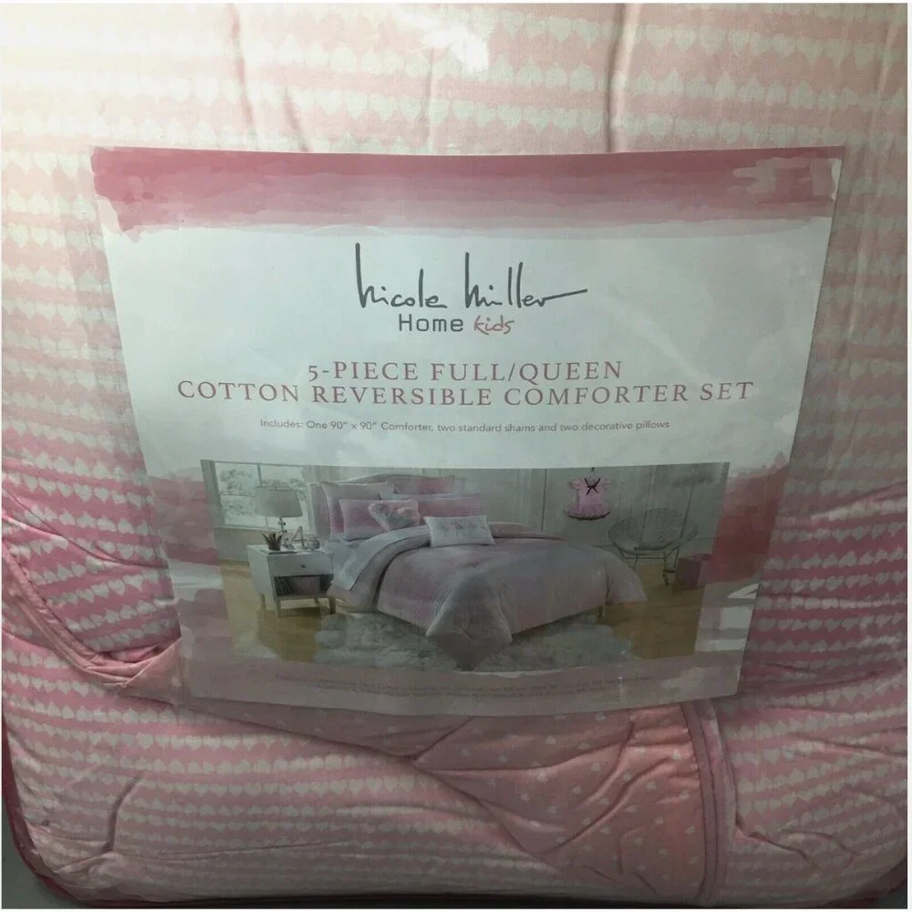 5pc Nicole Miller Ballerina FULL QUEEN Set Comforter Pillows Dance Hearts Pink
